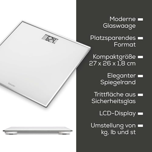 Beurer GS 120 Kompakt Glaswaage mit elegantem Spiegeleffekt in platzsparendem Kompaktformat, 27 x 26 cm, gut lesbare LCD-Anzeige, Ziffernhöhe 22 mm, flache Digitalwaage, Tragkraft bis 150 kg 6