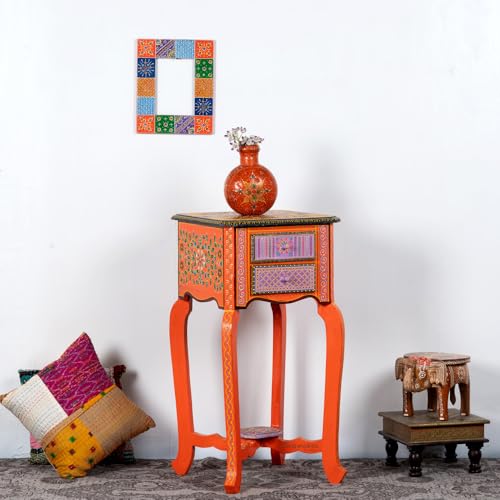 Image of Wooden Bedside Table for Bedroom | 2 Drawer Side Table | Handpainted Rajasthani Chest of Drawers | Solid Wood Small Bedside Table with Drawer Storage for Living Room & Home (Handpainted)