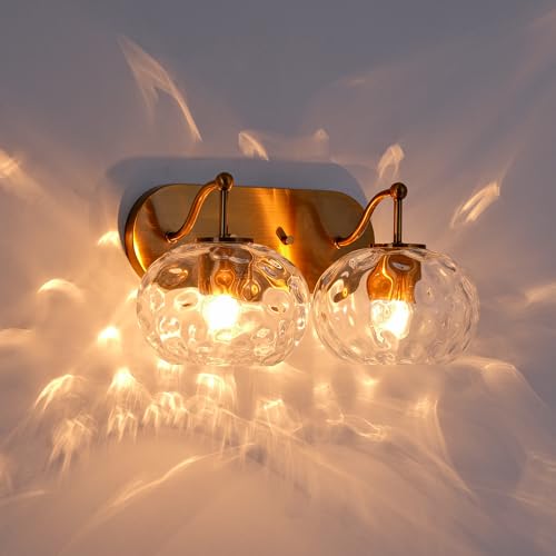 Image of Brushed Gold Vanity Light Clear Hammered Glass Wall Sconce 2-Light Brass Wall Lamp for Hallway Living Room Stairwell Bathroom Over Mirror