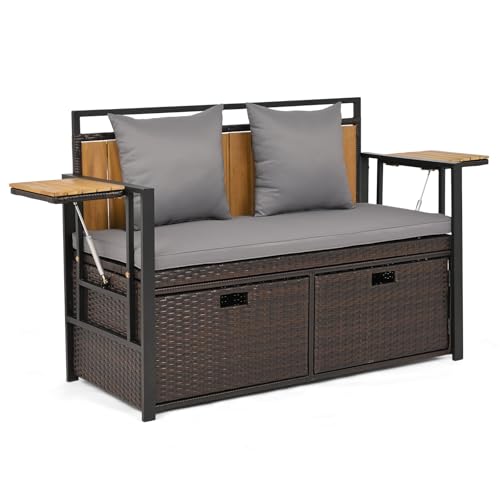 COSTWAY 2 en 1 Banc Coffre Extérieur en Rotin PE, Banc de Jardin 2 Places avec Coussins, Coffre de Rangement 142,5 L, 2 Tables d'Appoint Pliables, Charge 360...