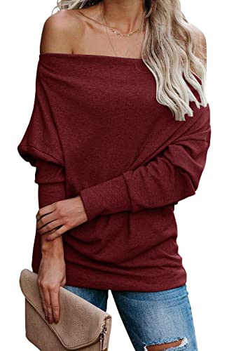 AOISAGULA Pull pour femme - Épaules dénudées - Haut à manches longues - Sweatshirt automne - Hiver, rouge, XXL
