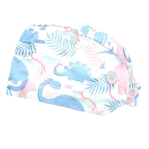 Unisex 2 Packungen Bouffant Scrub Hüte mit Knöpfen Schweißband chirurgische Bouffant-Kappen für Damen und Herren, Rosa / Blau, Dinosaurier, Mehrfarbig1, Einheitsgröße