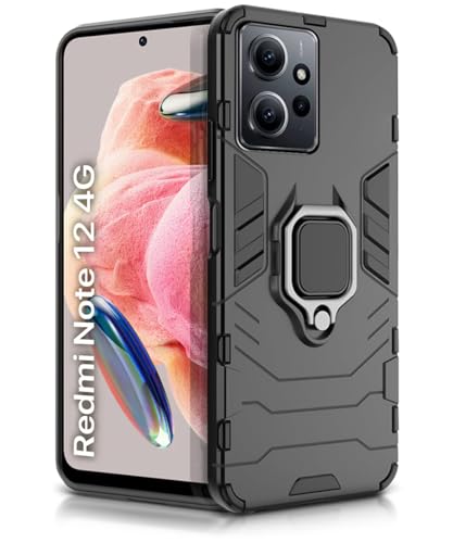 Image of WOW IMAGINE Shock Proof Back Case Mobile Cover for Xiaomi Redmi Note 12 4G | Back Cover Case (Tough Armor | Hybrid PC + TPU | Ring Holder & in-Built Kickstand | Black)