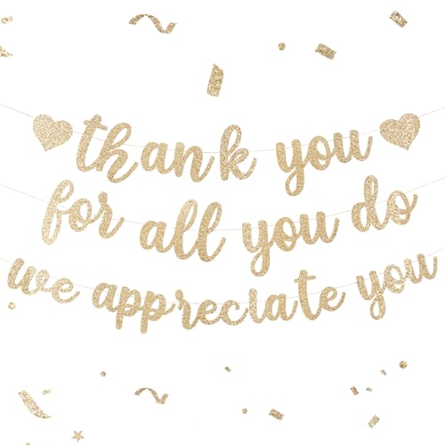 Thank You Banner Pre-Strung 3-Piece Set, Glitter We Appreciate You For All You Do Decor - Teacher Office Classroom Birthday Home Gathering Grateful Party Supplies, Durable Eye-Catching Thankful Decor( Champagne Golden)