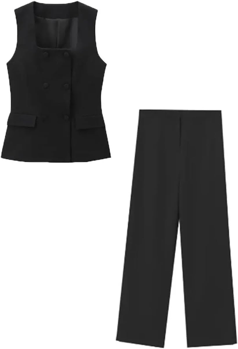 Women's Solid Color Casual Square Neck Single-Breasted Pocket Stitching Sleeveless Vest Trousers Two-Piece Set