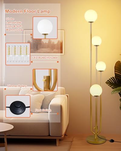 Image of Lightdot Gold Globe Floor Lamp 4-Lights Dimmable Floor Lamps 3000K Bulbs Included Unique Modern Standing Tall Lamp for Living Room /Bedroom /Sofa Beside /Corner Decor