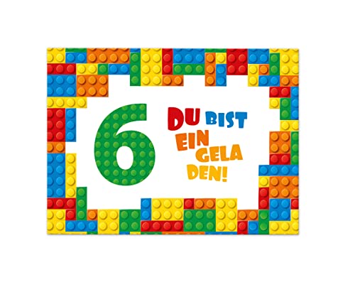 Junaversum 12 Einladungskarten zum 6. Kindergeburtstag Einladung sechste Geburtstag Jungen Bausteine