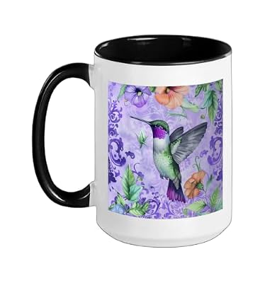 Floral Hummingbird Purple Flower Ceramic Mug, Black/White, 15oz