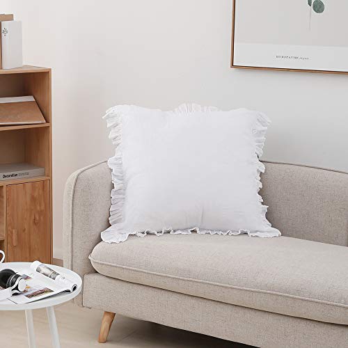 King Linens 100% French Linen Euro Shams With Ruffles - Set Of 2 - Washed Solid Color Natural Flax Soft Breathable Pillow Covers - White, 26'' X 26'' #TOP4