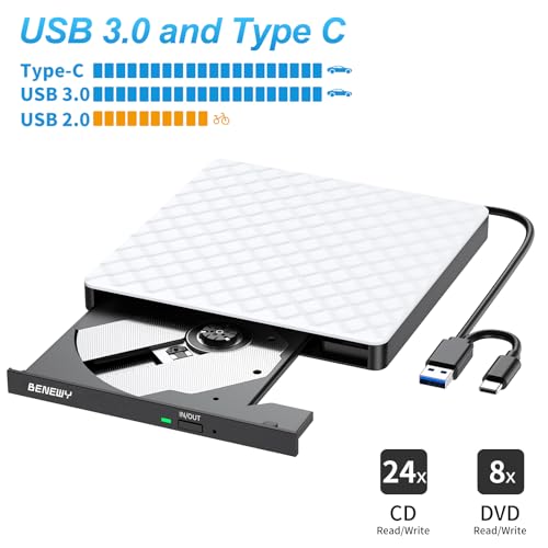 Image of BENEWY External CD /DVD Drive for Laptop, USB 3.0 USB C CD Burner DVD /CD ROM Disc Drive Reader External DVD Drive DVD Player for Laptop PC Desktop Windows 11 /10 /8.1 /7 MacBook Mac Linux OS Apple White