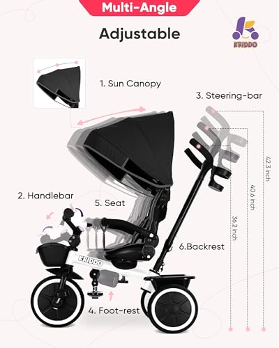 Image of KRIDDO 7-in-1 Push Tricycle w /Parent Steering Handle, Ages 1.5 to 5 Years