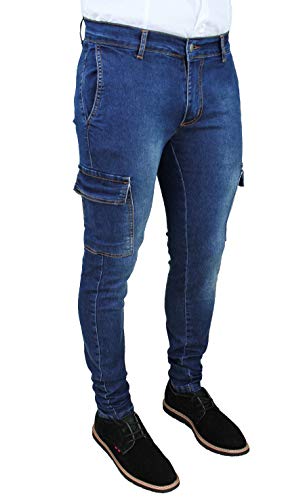 slim fit Evoga Jeans Uomo Cargo Blu Denim Pantaloni Slim Fit Skinny con tasconi Laterali (48, A3 Blu Scuro)
