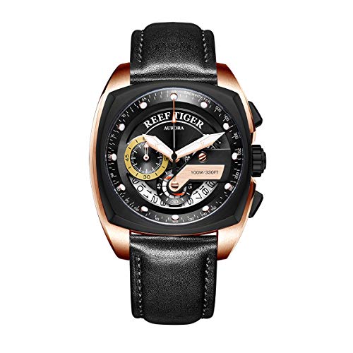 Reef Tiger Luxury Mens Watches Steel Military Watches Leather Strap Waterproof Sport Watches RGA3363 (RGA3363-PBBB)