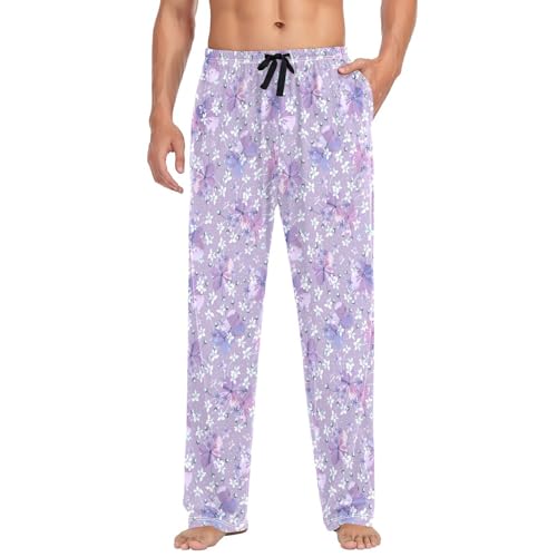 Purple Flowers Men's Pajamas Pants Cotton Sleep Bottoms Pants Lounge Sleepwear - S