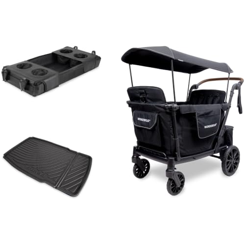 WonderFold L4 Bundle - 4-Seater Stroller Wagon with All-Weather Floor Mat and Flex Snack Tray, Safety-Certified with 5-Point Harnesses - Black