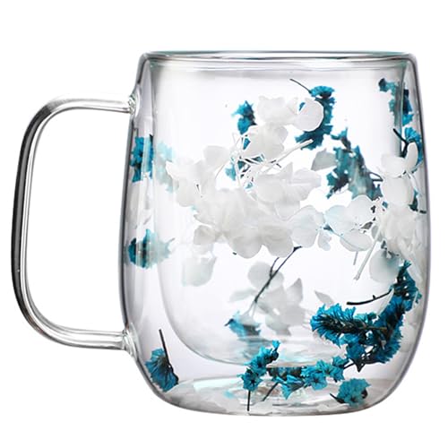 Taza de vidrio doble pared con flores secas, azul, 13.1oz miniatura 1