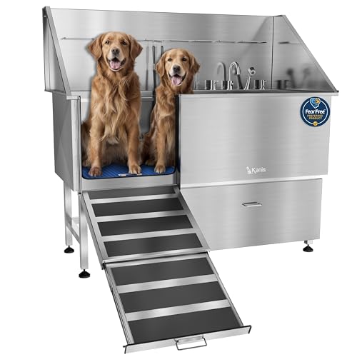 KANIS Professional Stainless Steel Dog Bathing Station - Grooming Tub w/Ramp, Storage Drawer, Floor Grate & Faucet/Dog Bathtub for Large, Medium & Small Pets (61", Left RAMP - 1 Drawer)