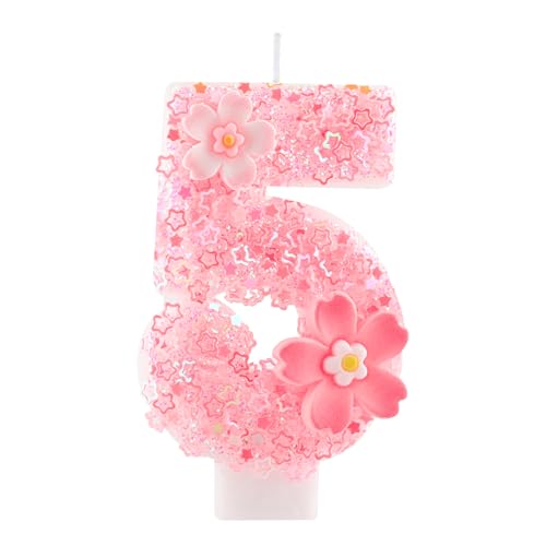 Hongplus Cherry Blossom Pink Number 5 Birthday Candle, 2.8in Cute Shiny Happy 4th Birthday Candle with Tray & Stick Girls 4 Candle for 5 Birthday Ideal Birthday Parties Cake Decoration & Gifts