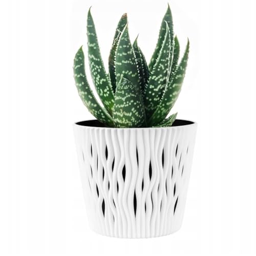 B2C Indoor Plant Pots with Insert Plastic Flowerpot Small Large Planter Home Decor Wavy Grooves Texture Removable insert (White, 13cm)