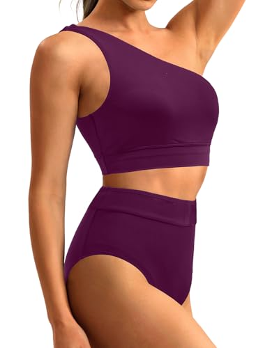Image of Holipick Women One Shoulder High Waisted Bikini Sets Two Piece Swimsuit Tummy Control Bathing Suit Full Coverage Swimwear