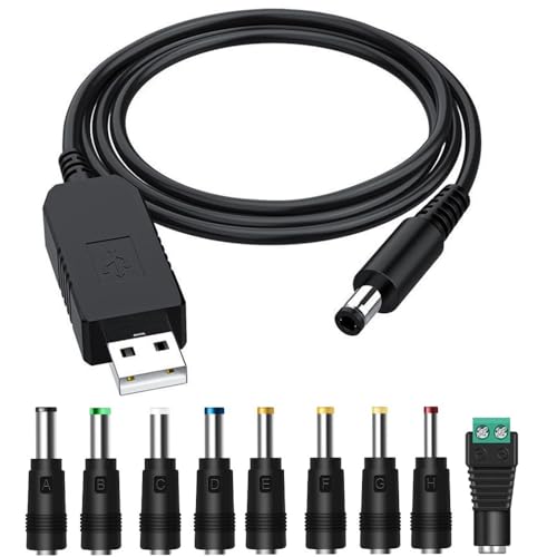 Gebildet Cable Convertidor Elevador de Voltaje USB de 5V CC a 12V CC de,Cable de Alimentación USB con 9conectores Jack Intercambiables, Adaptadores de Cargador y Conector de Terminal LED (100 cm)