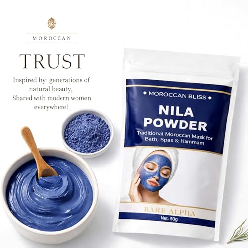 Image of Moroccan Nila Powder For Face - 100g (50g x 2) | 100% Natural Blue Powder for Skin Brightening, Tan Removal & Detox | For Face Mask & Body Care | Traditional Moroccan Hammam Beauty Treatment