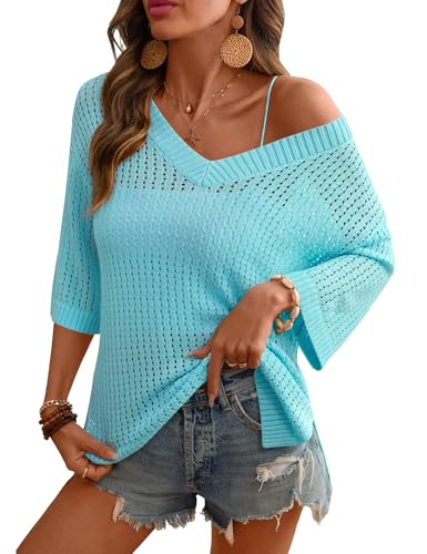 Image of Rapbin Women's Crochet V Neck Beach Cover Up 3 /4 Sleeve Hollow Out Knitted Pullover Sweater