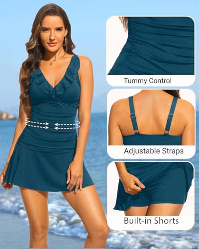 Image of Aqua Eve Women Tankini with Skirt - Tummy Control Swimsuit Two Piece Bathing Suit Ruffle Swimwear Ladies Swim Suit | Removable Cups, Adjustable Straps, Smooth Shape Via Front Gathers