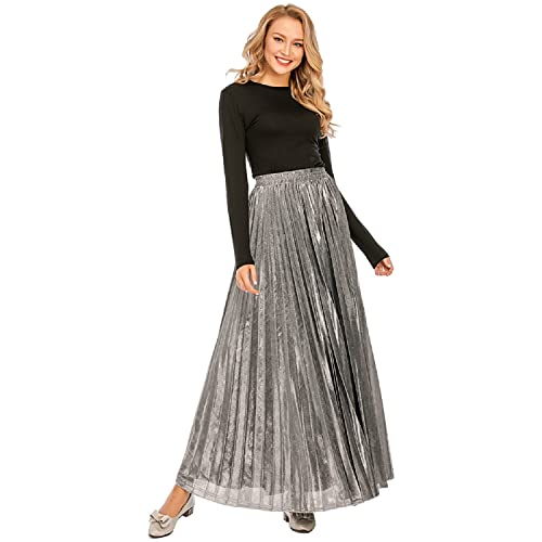 iyoimono Damen Lang A-Linie Plisseerock Maxi Faltenrock Female Maxirock Faltendetail Festliche Röck Strandrock mit Hoher Taille Lange Sommerrock Vintage Rock Goldenes Seiden Rock(Silber,M) Cover