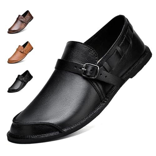Men's Genuine Leather Monk Buckle Casual Slip-On Loafers Comfort Classic Hand-Sewn Round Head Wide Toe Oxford Walking Shoes Fashion Driving Business Dress Shoes