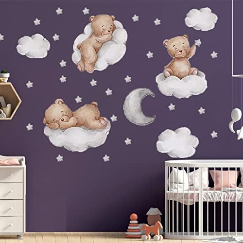 Tedy Bear Wall Decor, Tedy Bear Sleeping on The Moon and Stars Wall Stickers Cartoon Cute Tedy Bear Decals Extra Stars Wall Decor for Kids Baby Room Interior Nursery Tedy Bear Decoration