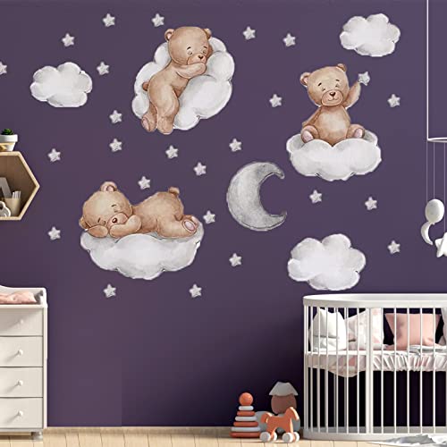 Image of Tedy Bear Wall Decor, Tedy Bear Sleeping on The Moon and Stars Wall Stickers Cartoon Cute Tedy Bear Decals Extra Stars Wall Decor for Kids Baby Room Interior Nursery Tedy Bear Decoration