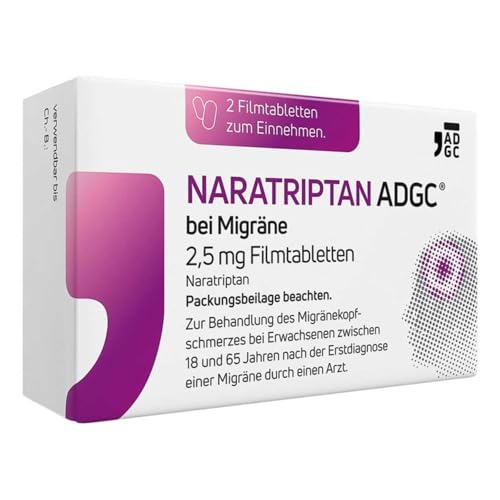 NARATRIPTAN ADGC® bei Migräne 2,5mg - 2 Stück - für akute Behandlung von Kopfschmerzen bei Migräneanfällen mit und ohne Aura - kann Begleiterscheinungen von Migräne lindern wie z.B. Übelkeit