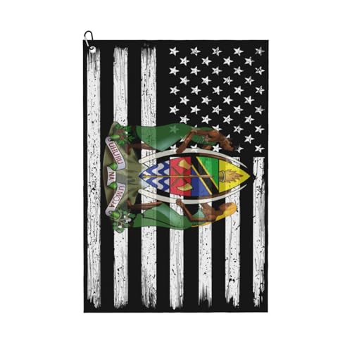 KMNCBSQ US and Coat of arms of Tanzania Golf Towel 24" X 16" for Golf Bag with Carabiner Clip Waffle Pattern Golf Towels Golf Accessories Golf Gifts for Men Women