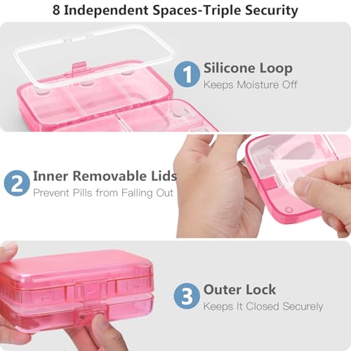 Image of FYY Weekly Pill Organizer with Labels,8 Compartments Travel Daily Pill Case Airtight Moistureproof Large Pill Box to Hold Vitamins, Fish Oil, Supplements,Cotton Swab and Bandages-Hot Pink