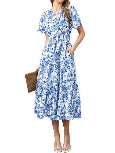 Image of KUTUMAI Women Summer Floral Midi Dress 2024 Casual Short Sleeve V Neck Tiered Ruffle Flowy Boho Dresses with Pockets