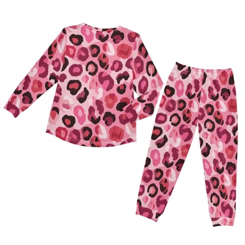 Pink Leopard Print Soft Pajama Set for All Seasons,Breathable Pjs Long Sleeve Sleepwear,Comfy Loungewear 2 Piece Underwear Set 5T2