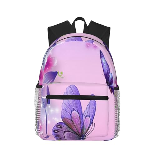 Mochila básica para laptop negra y estampado mariposa rosa de viaje y universidad