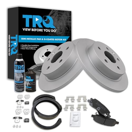 Image of TRQ Rear Brake Pad & Rotor Kit, with Chemical Kit Parking Brake Shoe Set Semi-Metallic Premium G-Coated Compatible with 2006-2010 Cadillac DTS