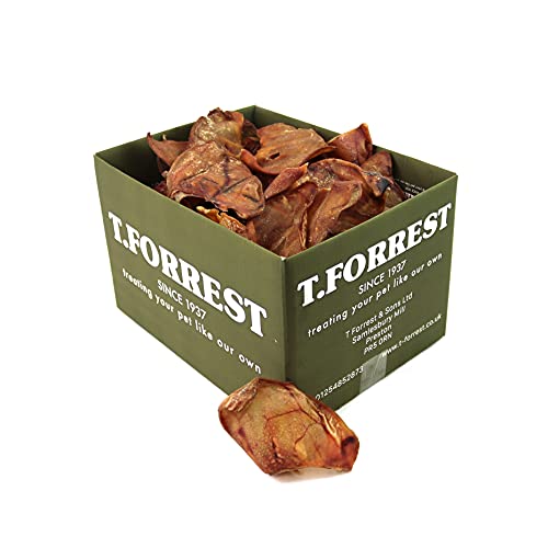 T.Forrest Pigs Ears for Dogs - Natural Dried Pig Ear Chews Grain Free Pork Dog Treats High Protein Dental Care Long Air Dried in UK 50 Count Bulk Pack
