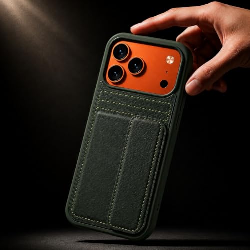 Image of amazon basics Luxury Vegan Leather Back Cover for iPhone 17 Pro | Built-in Card Holder Slot | Integrated Mobile Stand | Slim Shockproof Protective Case with Stitched Finish - Green