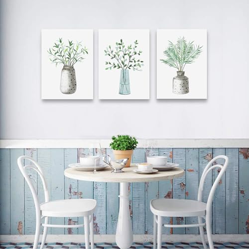 DZRWUBHS Canvas Wall Art For Dining Room Kitchen Wall Decor For Bedroom Office Decor Paintings Family Living Room Wall Decoration Green Leaf Vase Wall Pictures Artwork Room Home Walls Decor 3 Piece