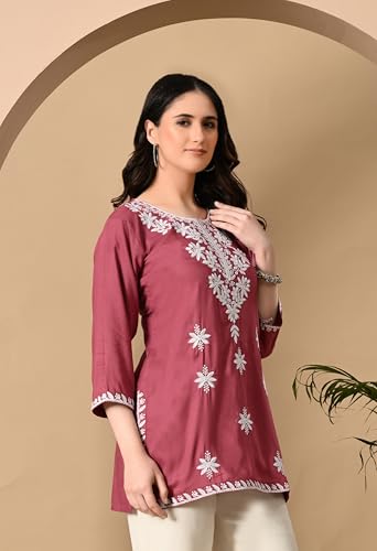 Image of LIBOZA Women's Chikankari Embroidered Short Kurti, Rayon Fabric, Three-Quarter Sleeves, Available in Pink, Black, Mustard Yellow, White, Pista and Green