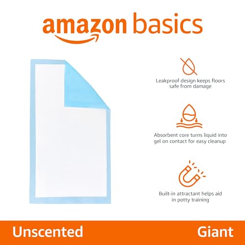 Image of Amazon Basics Leak-Proof Dog and Puppy Potty Training Pee Pads with Quick-Dry 5-Layer Surface, Standard Absorbency, Giant Size, 27.5 x 44 Inch, Blue & White, 40-Pack