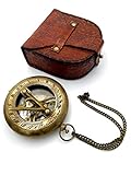 US HANDICRAFTS Brass Sundial Compass with Leather Case and Chain - Push Open Compass - Steampunk Acc
