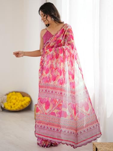 Image of Satrani Women's Georgette Printed & Mirror Work Saree with Unstitched Blouse Piece