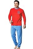 <U+2605> Herren Pyjama Schlafanzug lang Nachtwäsche Schlaf Anzug Rot M L XL XXL *141511 <U+2605>, rot-hellblau, L 50 52