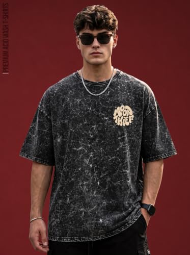 Image of Mens Premium Branded Oversized Acid Wash T Shirt for Men 220 GSM Acid Wash Down Shoulder Graphic Printed Round Neck Oversize Fit Casual