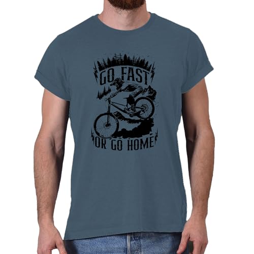 Dead Set Studio MTB Mountain Biking Biker Gift T-Shirt Go Fast or Go Home Downhill Mountain Bike Graphic Tee for Men Trail Rider Cyclist Indigo Blue Size XXL