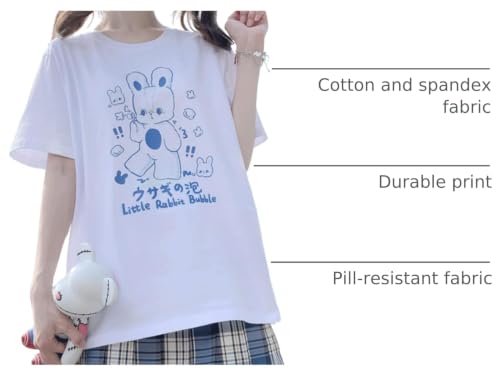 Image of Japanese Harajuku Kawaii Goth Cartoon Little Rabbit Bubble Print T-Shirt | Cutecore, Vintage Casual Style, Streetwear, Athleisure, Cotton Materials, Loose Fit, Crewneck Short Sleeve, For Daily Wear